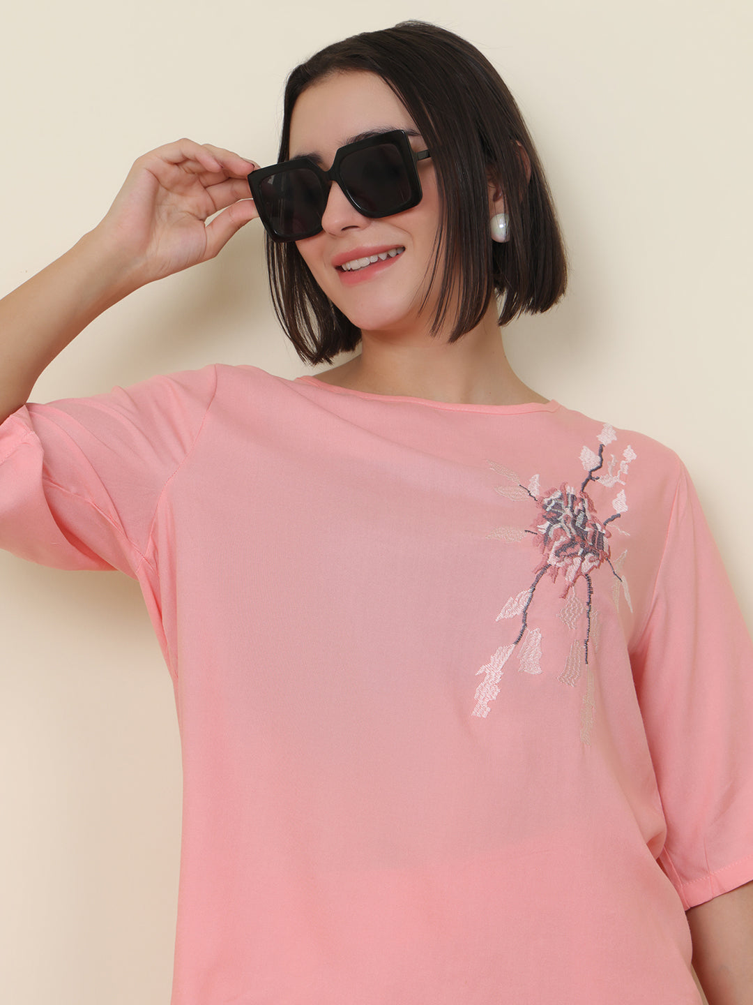 PUELLA Women Peach Embroidered Pure Cotton Co-ord Set