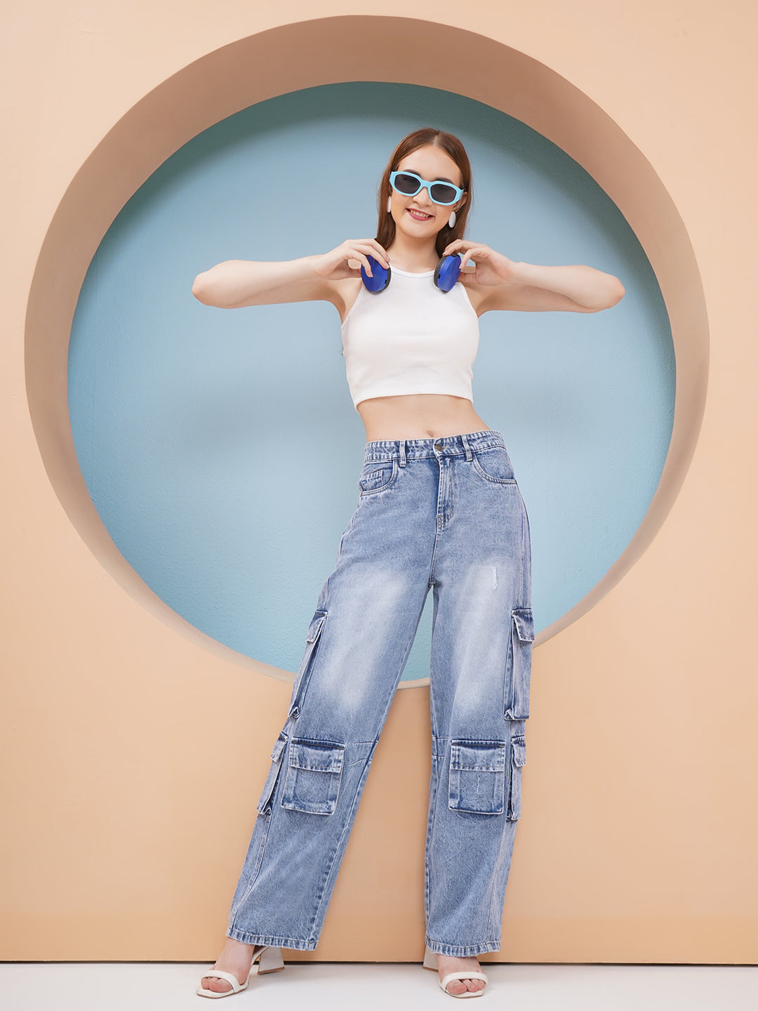 PUELLA Women Ice Blue High-Rise Cargo Wide-Leg Jeans