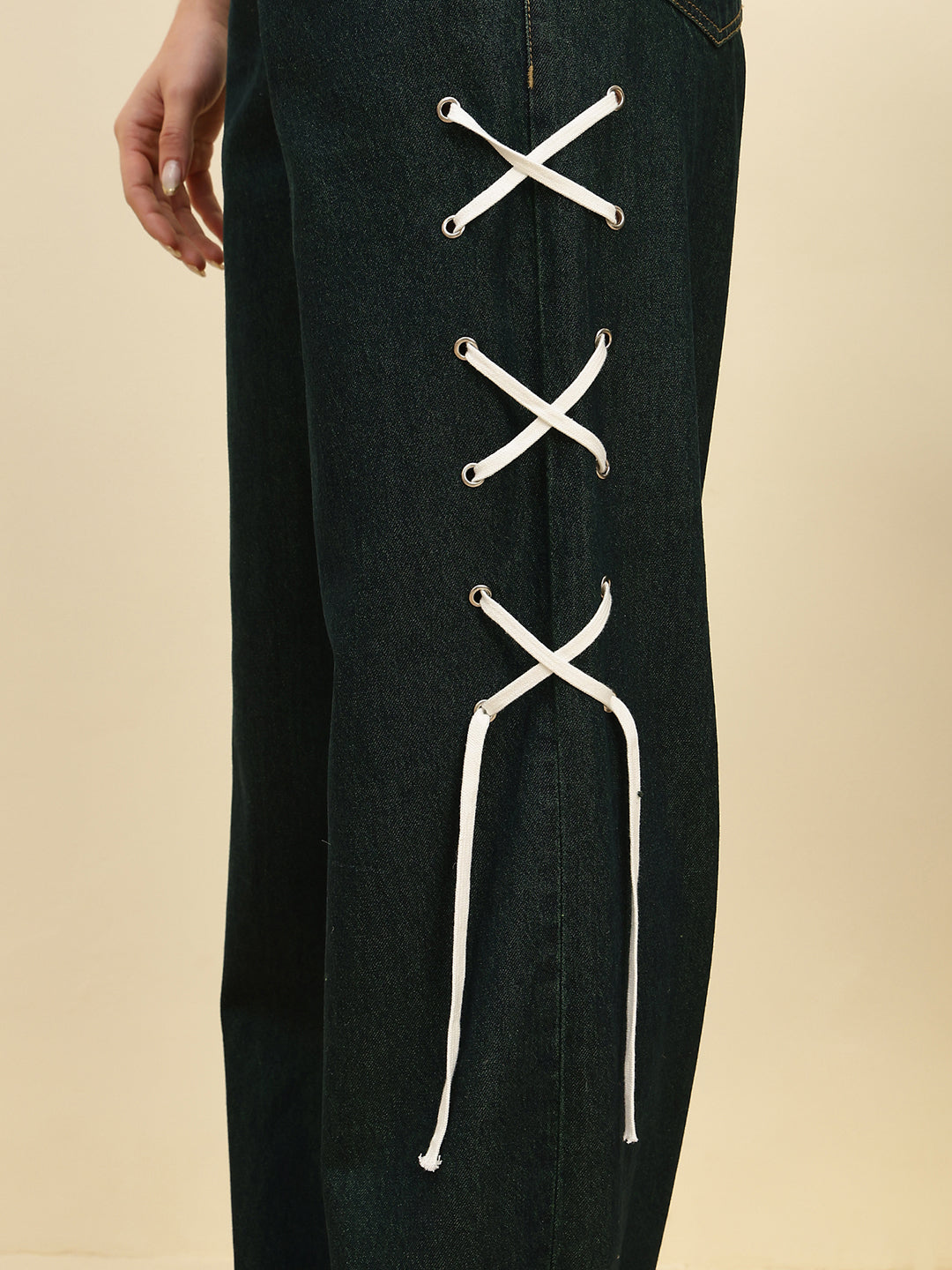 Women’s Green Tint High-Rise Loose Fit Jeans with Side Lace-Up Detail