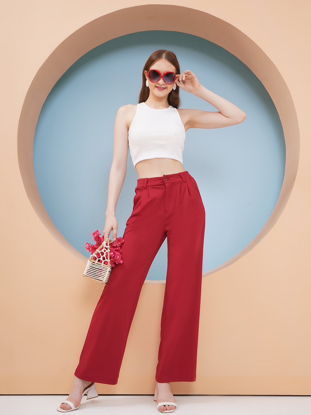 PUELLA Women Maroon High-Rise Straight Fit Trousers