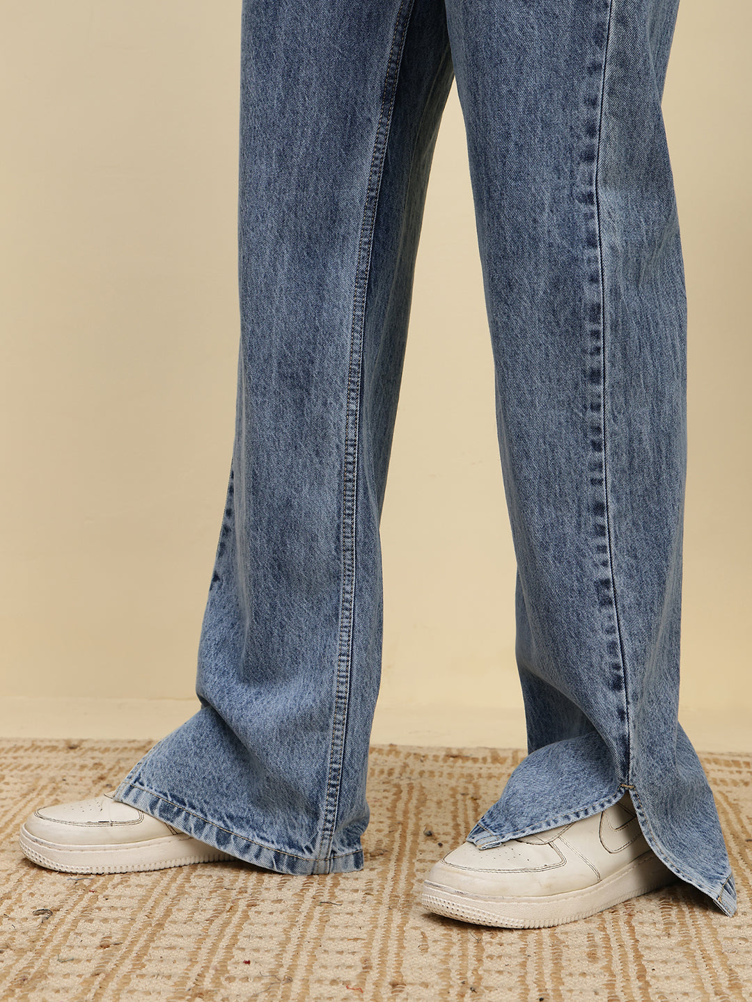 Women’s Blue High-Rise Straight Fit Jeans with Raw Edge Waist and Front Slit