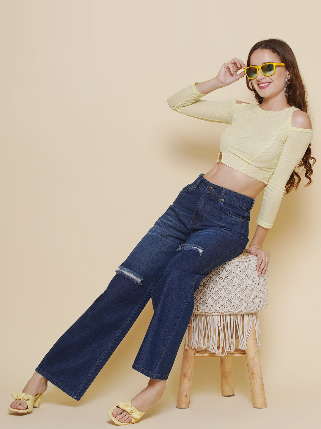 PUELLA Women’s Dark Blue Distressed Wide-Leg Jeans