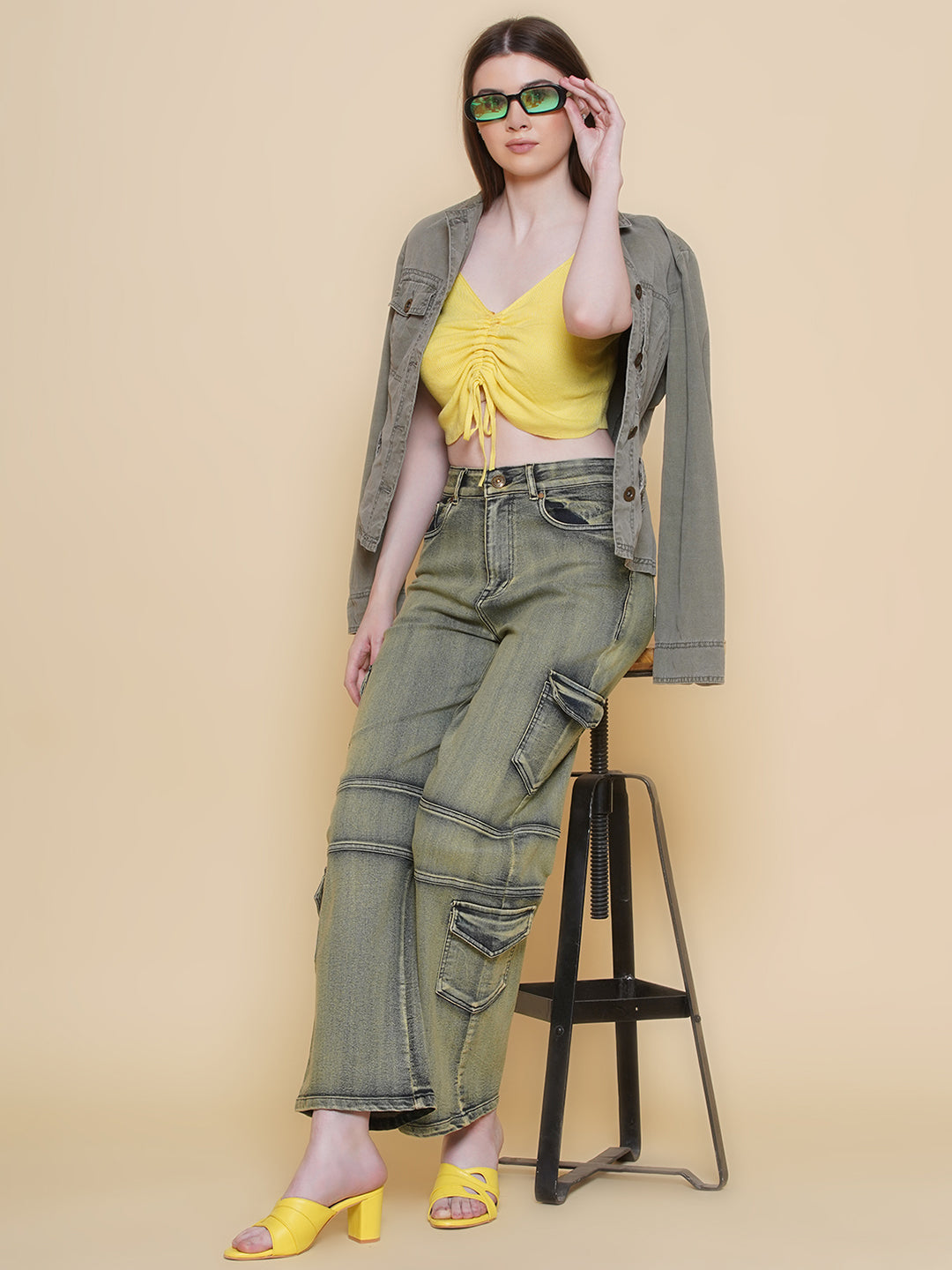 PUELLA Women Olive-Yellow Washed High-Rise Cargo Jeans