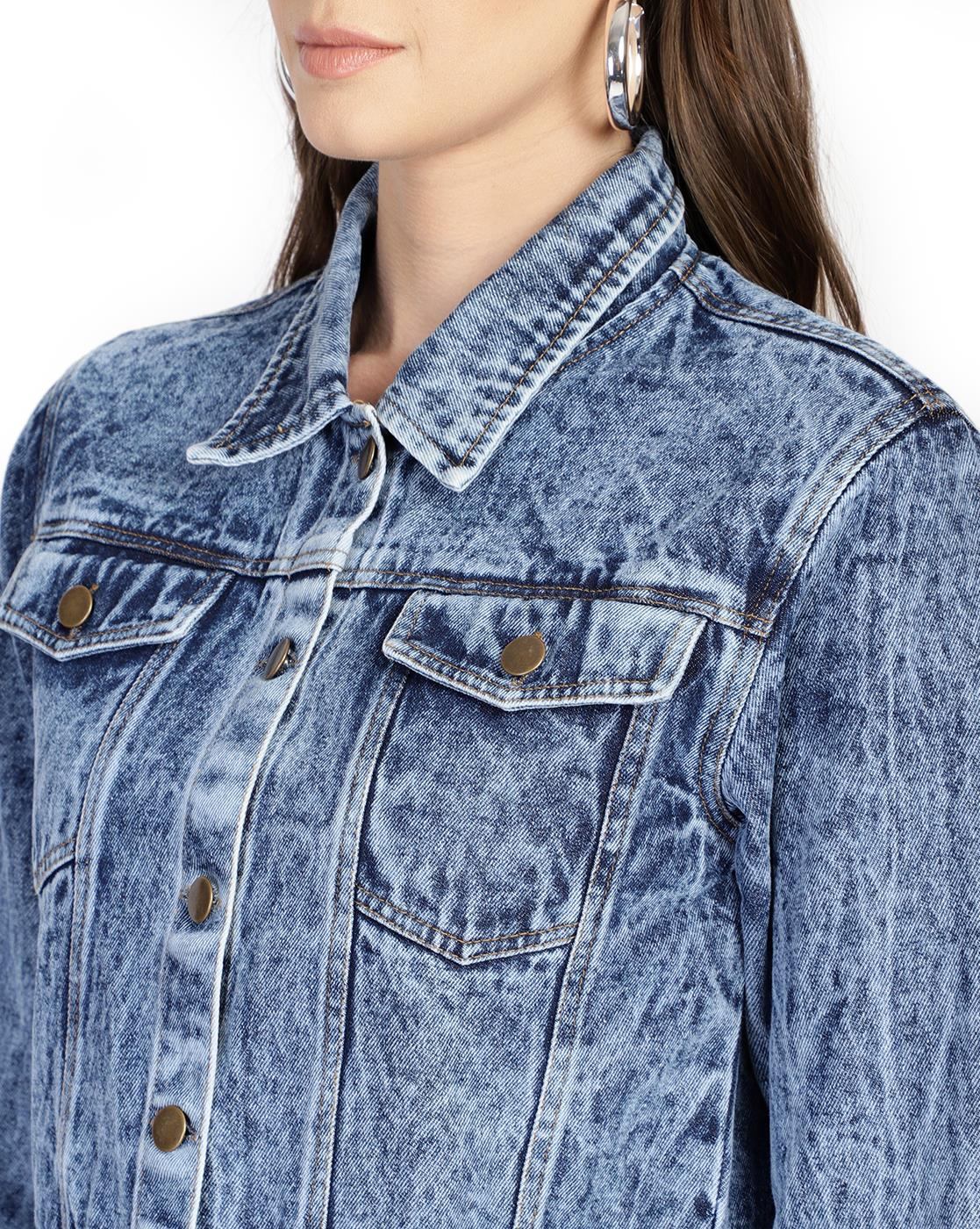 PUELLA Women’s Light Blue Acid Wash Cropped Denim Jacket with Button Closure