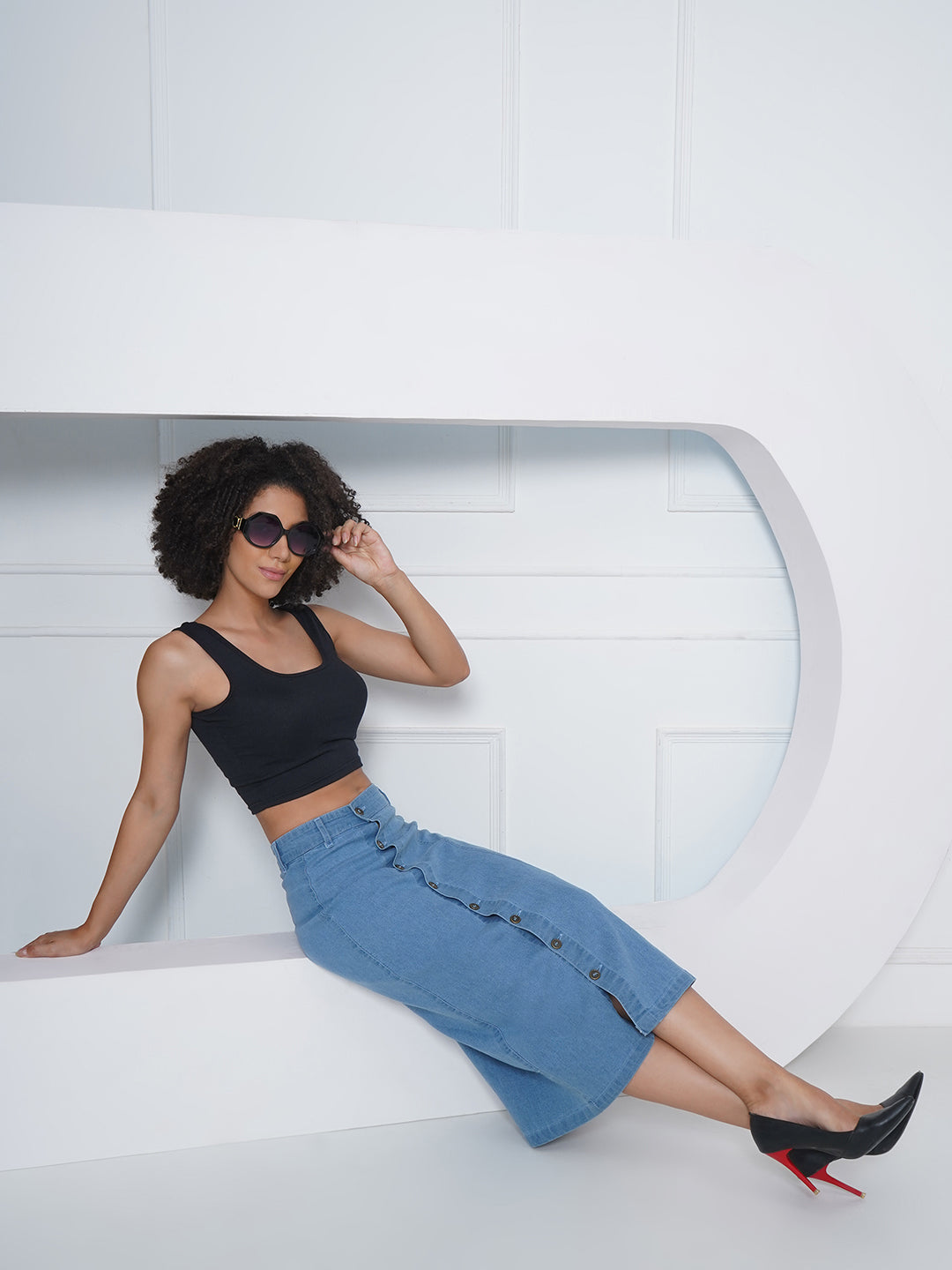 PUELLA Women’s Blue Button-Down Denim Midi Skirt