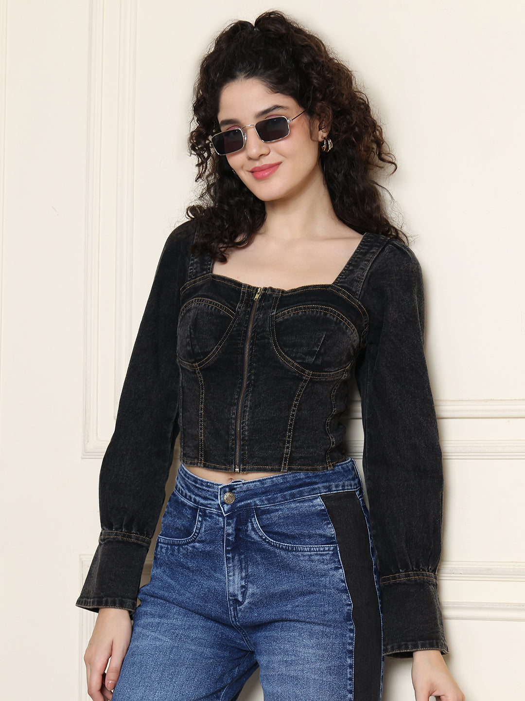 PUELLA Women’s Black Denim Corset Top | Full Sleeve Front Zipper Western Crop Top for Party, Casual & Clubwear