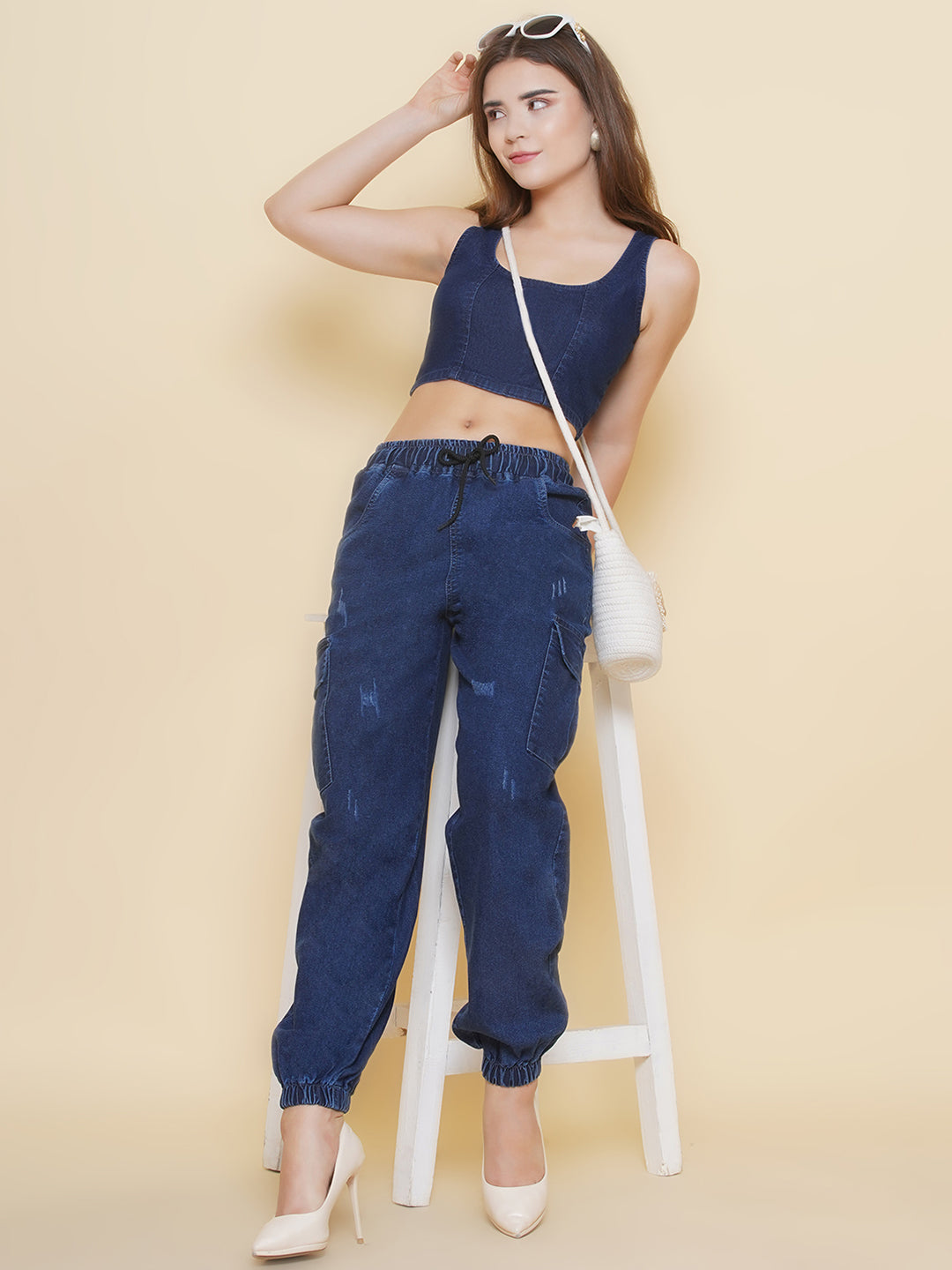 PUELLA Women’s Dark Blue Denim Scoop Neck Sleeveless Crop Tank Top