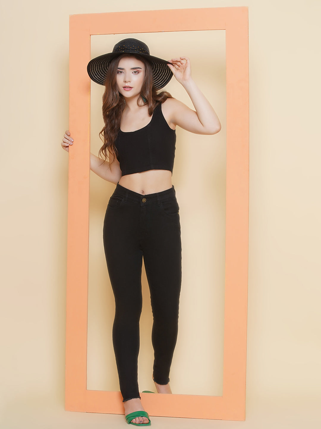 PUELLA Women’s Black Denim Scoop Neck Sleeveless Crop Tank Top