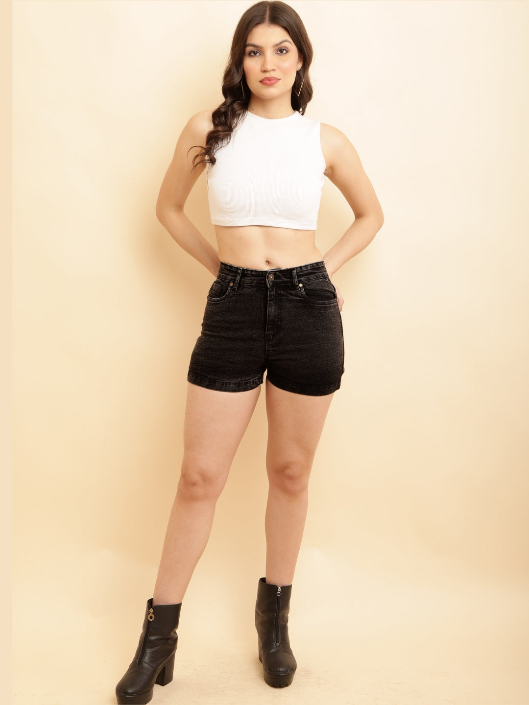 PUELLA Women Charcoal High-Rise Slim Fit Denim Shorts