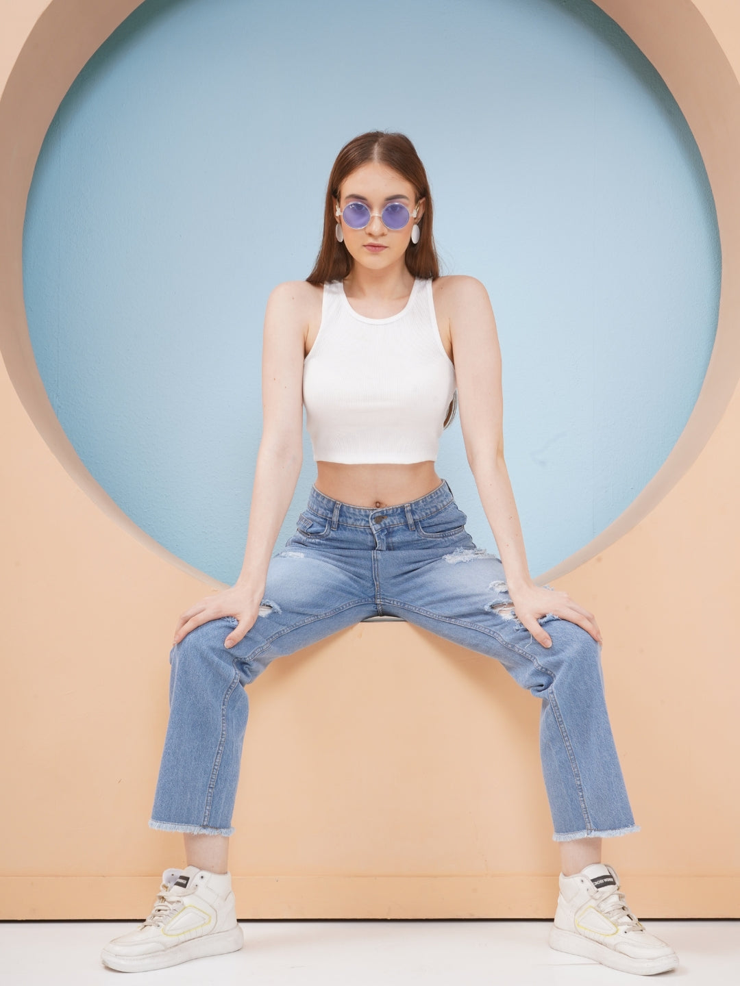 PUELLA Women Light Blue High-Rise Distressed Straight Fit Jeans