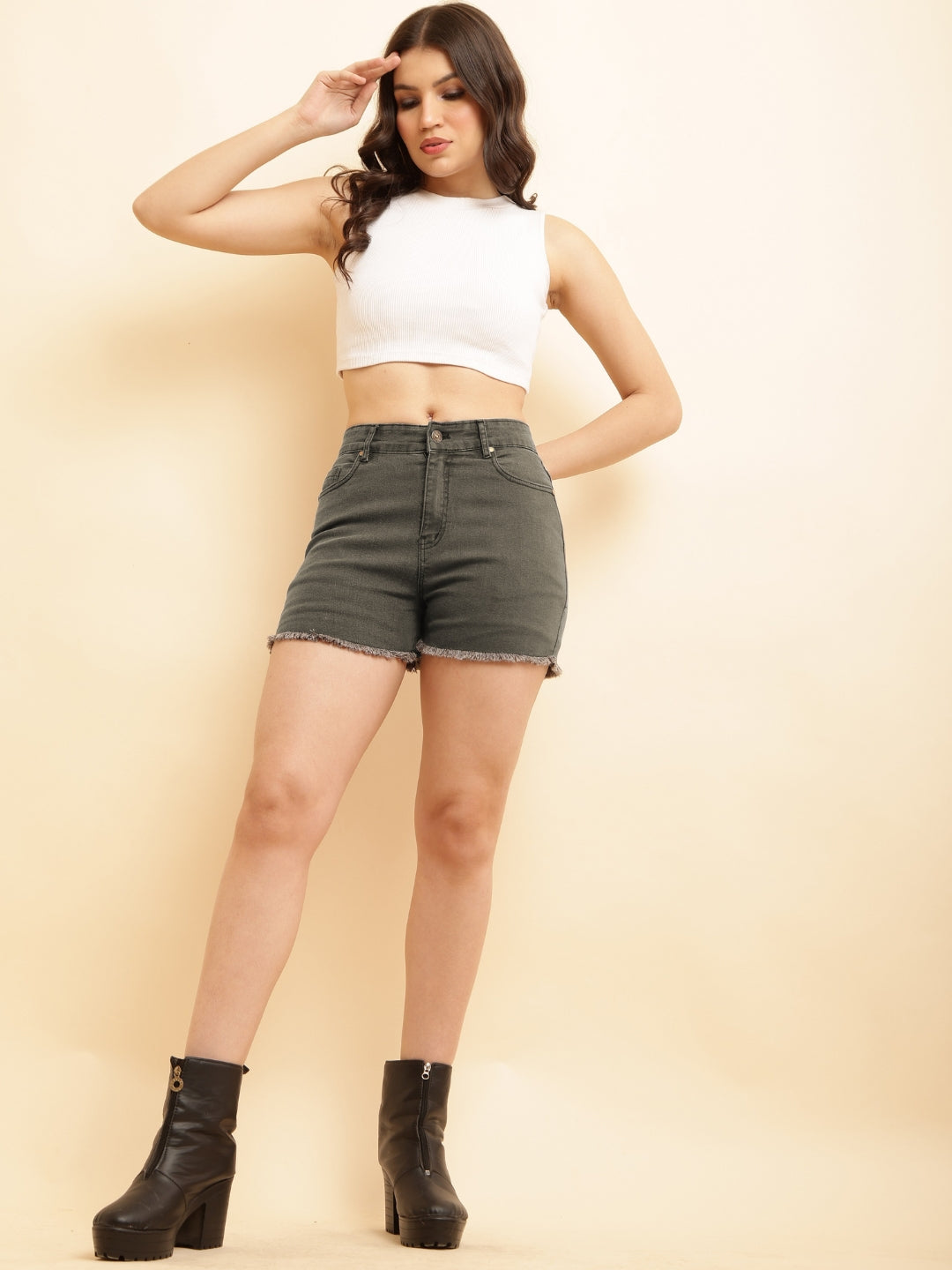 PUELLA Women Grey High-Rise Slim Fit Denim Shorts