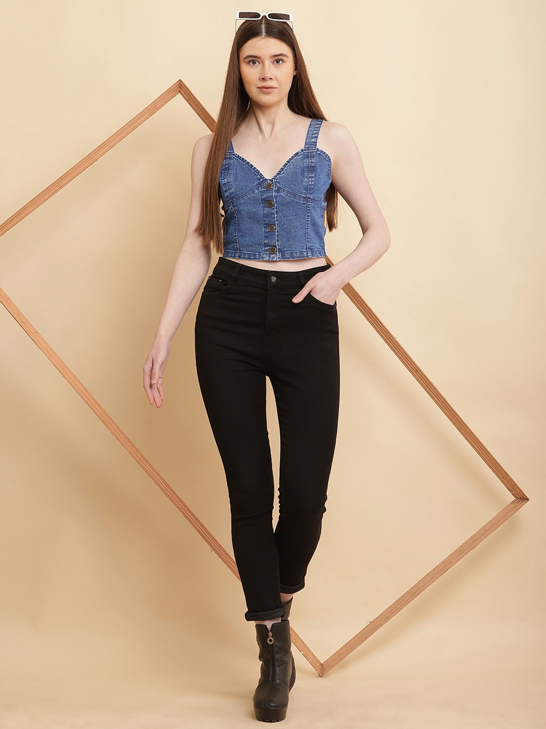 PUELLA Women’s Blue Washed Denim Button-Front Crop Top