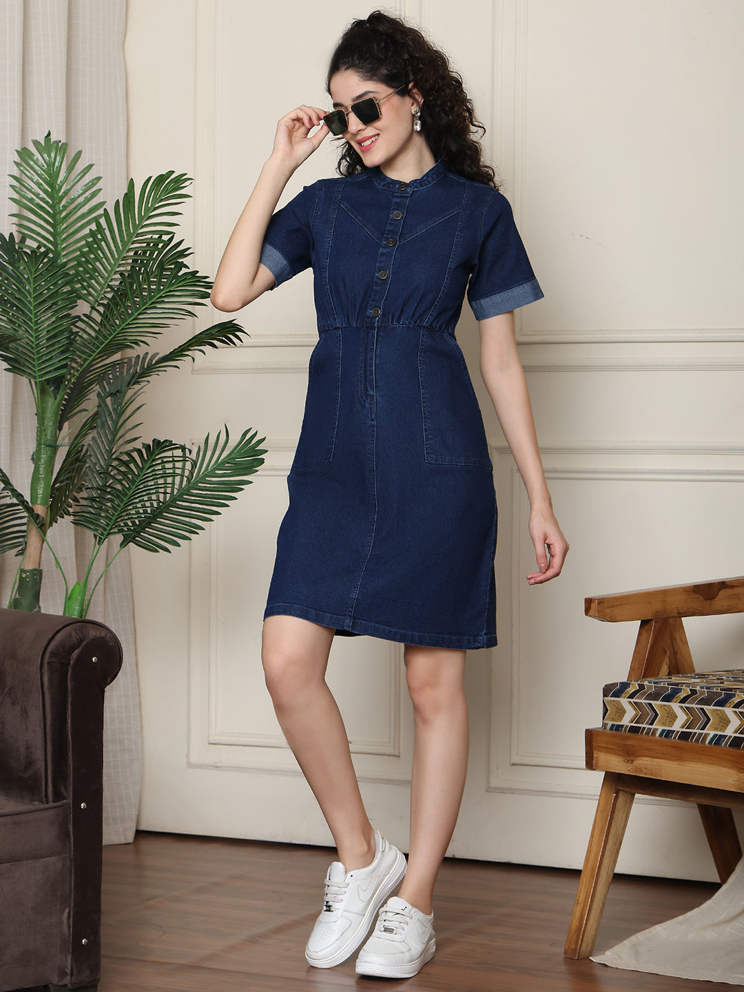 PUELLA Women’s Dark Blue Short Sleeve Denim Shirt Dress
