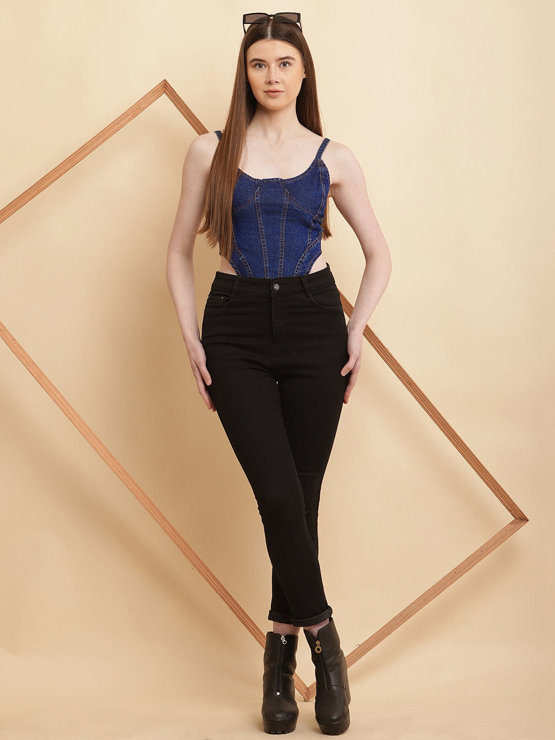 PUELLA Women’s Blue Denim Corset-Style Crop Top with Spaghetti Straps & Back Zipper