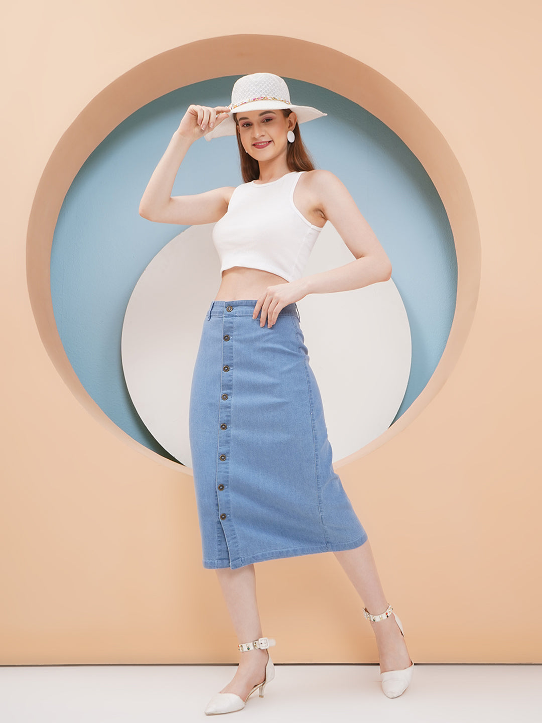 PUELLA Women’s Light Blue Button-Down Denim Midi Skirt