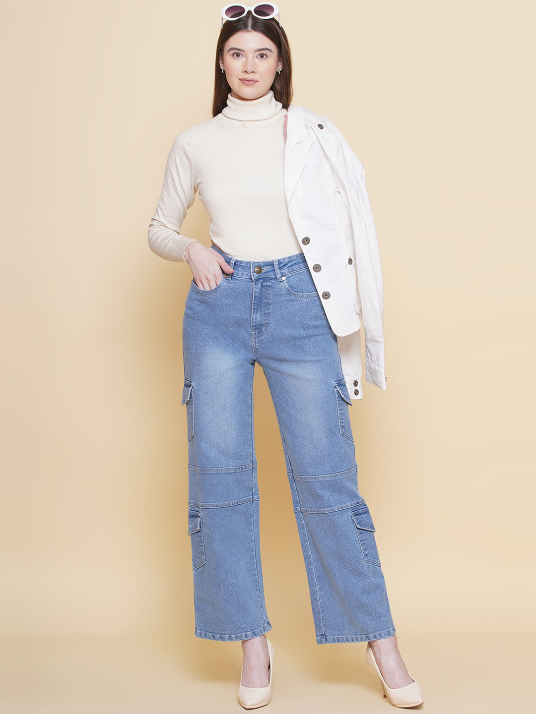 PUELLA Women Light Blue High-Rise Straight Cargo Jeans