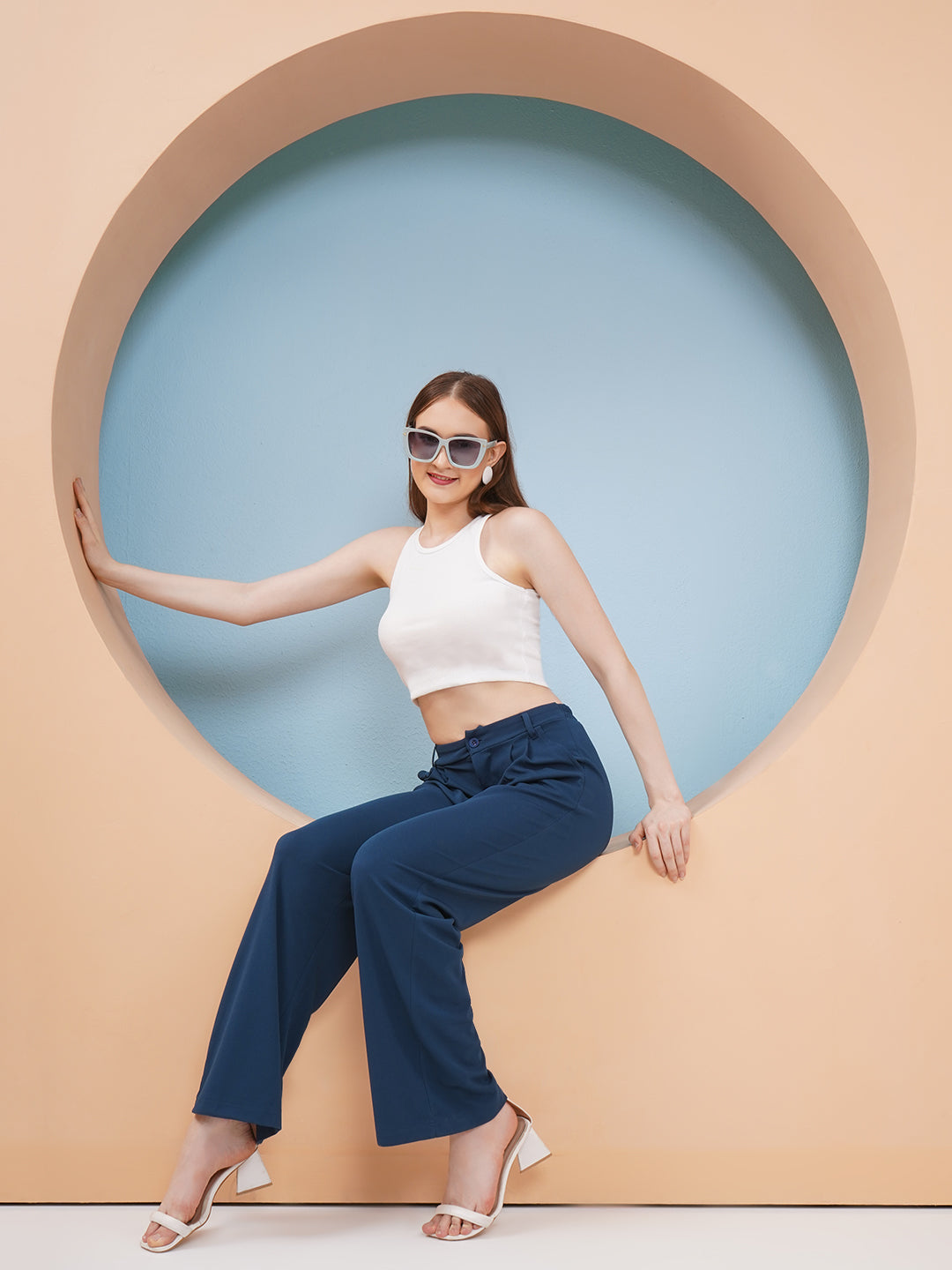 PUELLA Women Navy Blue High-Rise Straight Fit Trousers