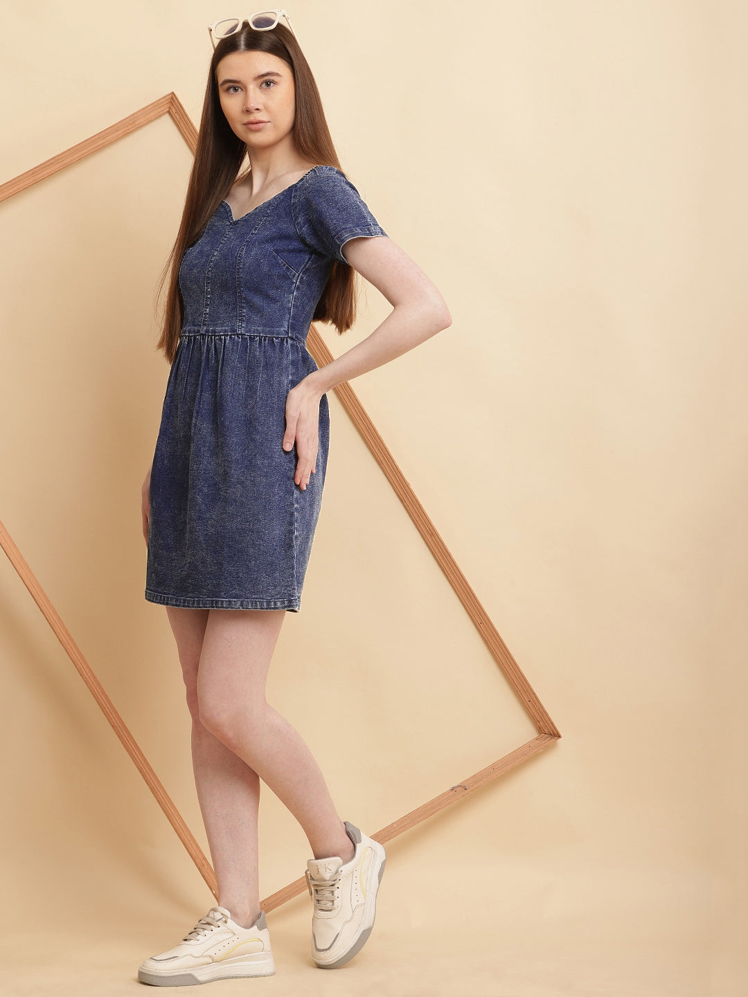 PUELLA Women Blue Solid Denim Sweetheart Neck Mini Dress