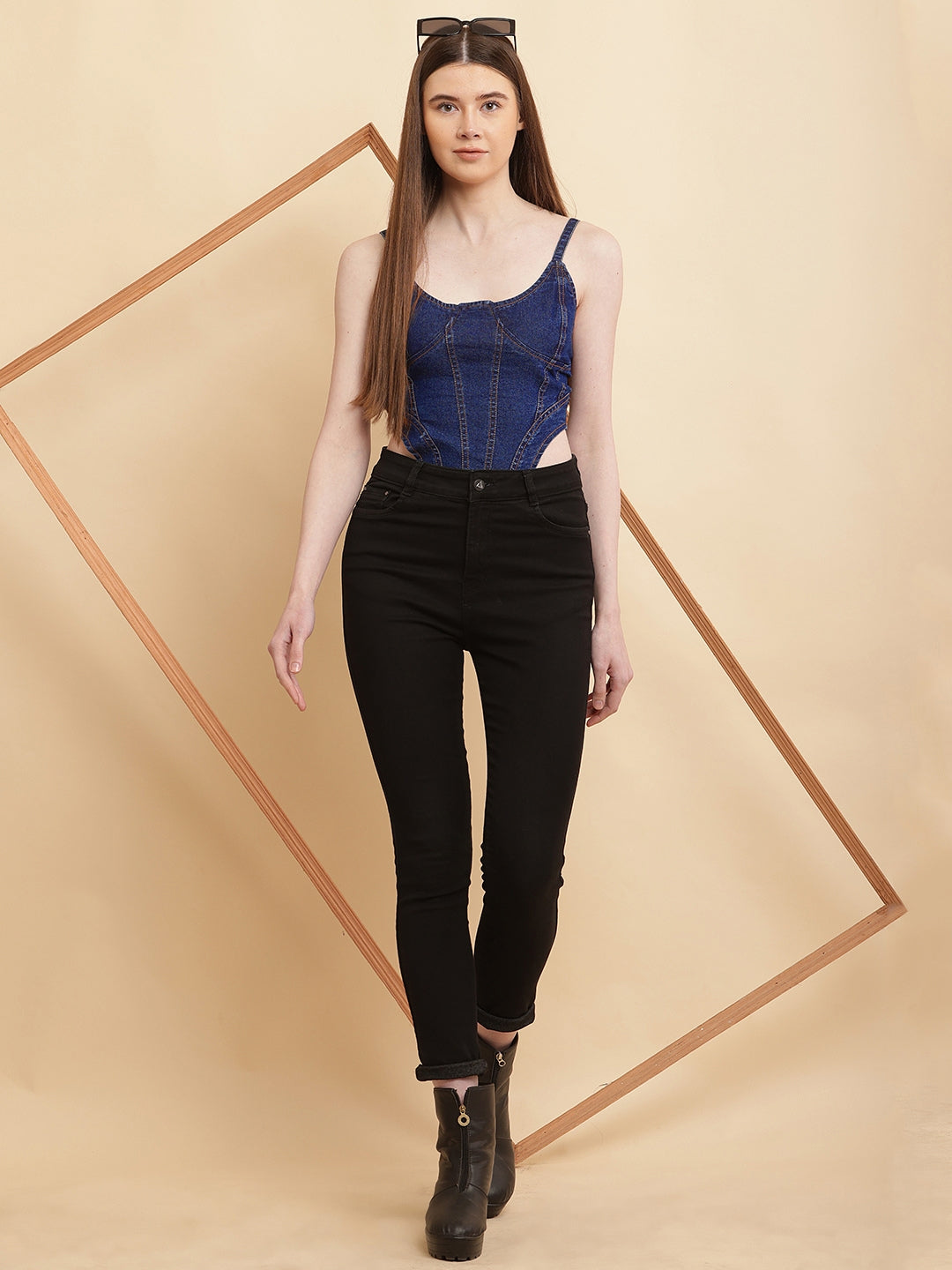 PUELLA Women’s Blue Denim Corset-Style Crop Top with Spaghetti Straps & Back Zipper