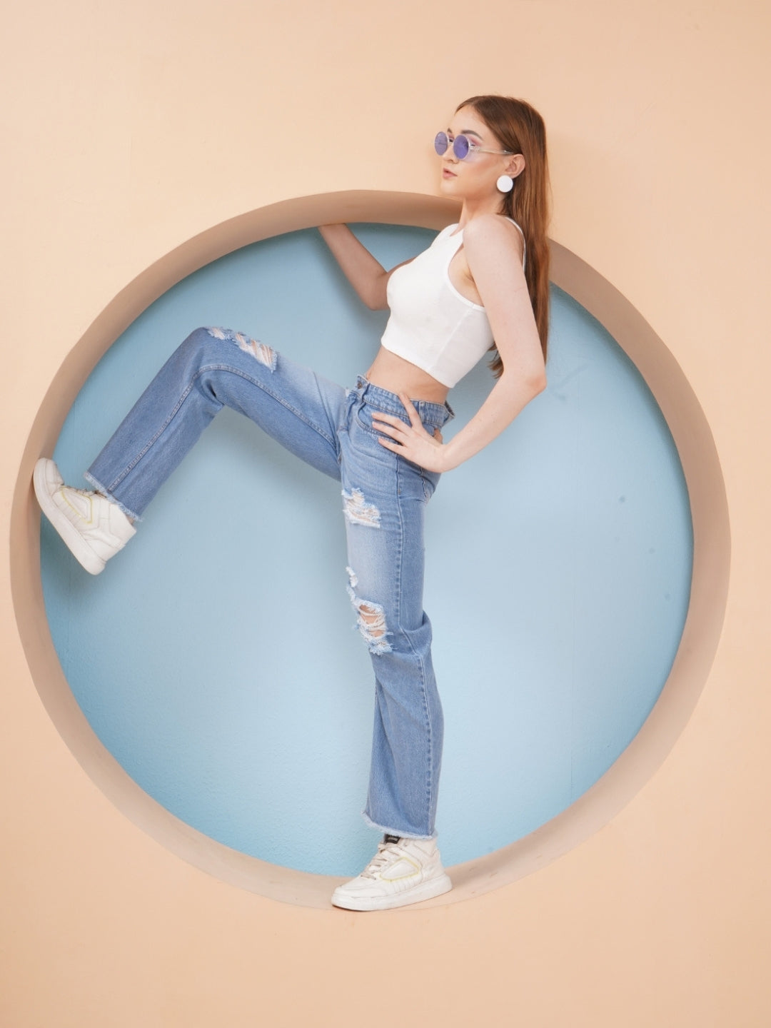 PUELLA Women Light Blue High-Rise Distressed Straight Fit Jeans