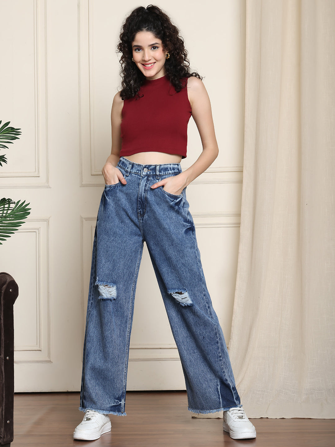 PUELLA Women Mid-Blue Distressed Wide-Leg Jeans