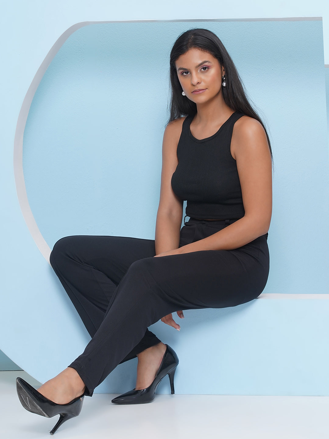 PUELLA Women Black High-Rise Straight Fit Trousers