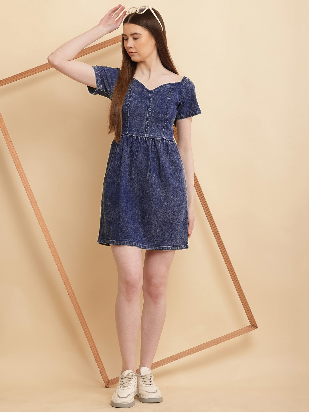 PUELLA Women Blue Solid Denim Sweetheart Neck Mini Dress
