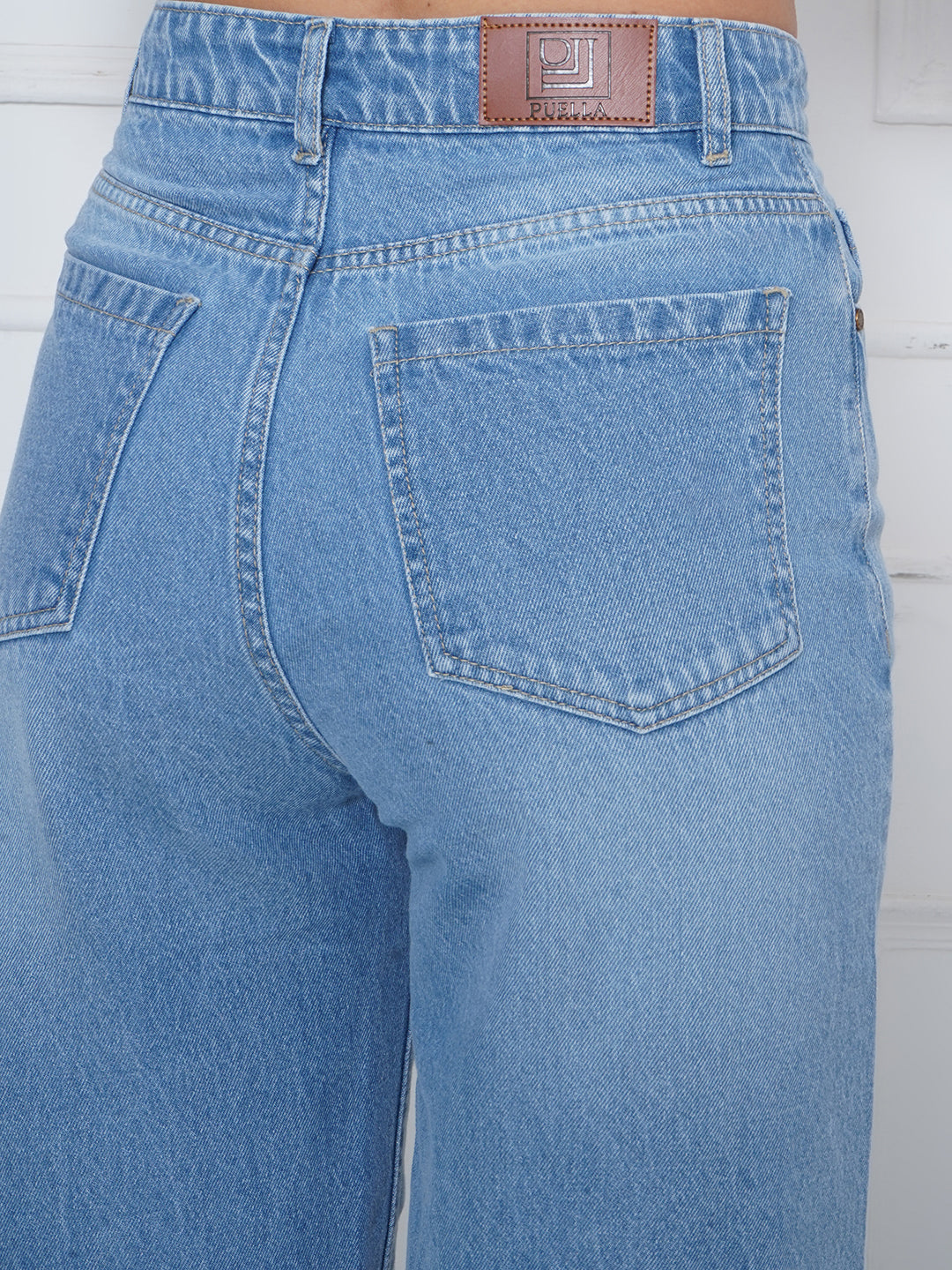 PUELLA Women Light Blue High-Rise Distressed Wide-Leg Jeans