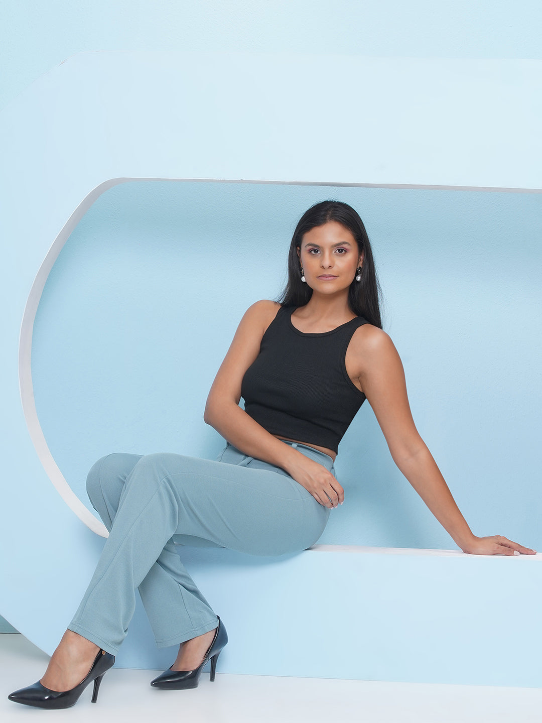 PUELLA Women Light Blue High-Rise Straight Fit Trousers