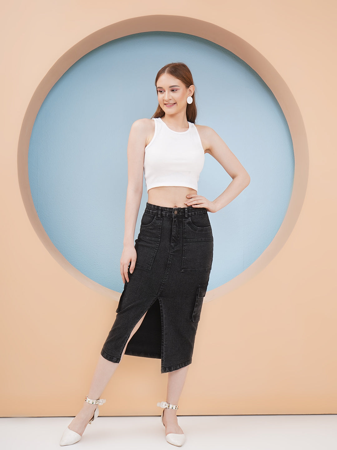 PUELLA Straight Button Clouser Denim Skirt For Women