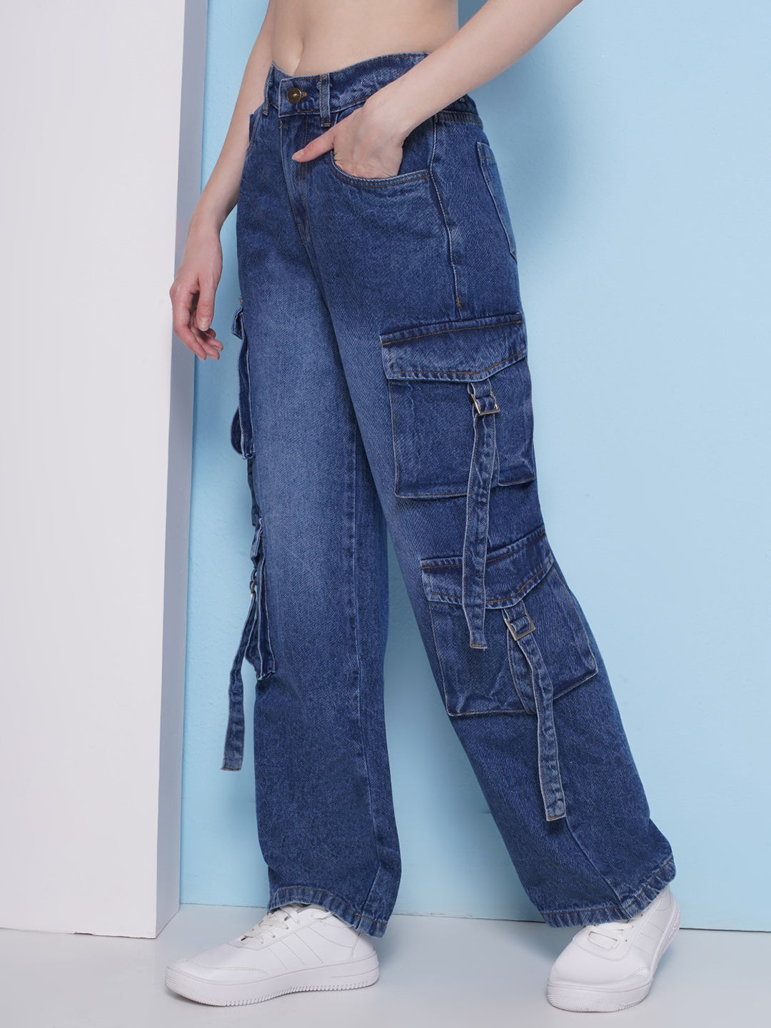 PUELLA Women’s High-Rise Cargo Wide-Leg Jeans with Multi Pockets