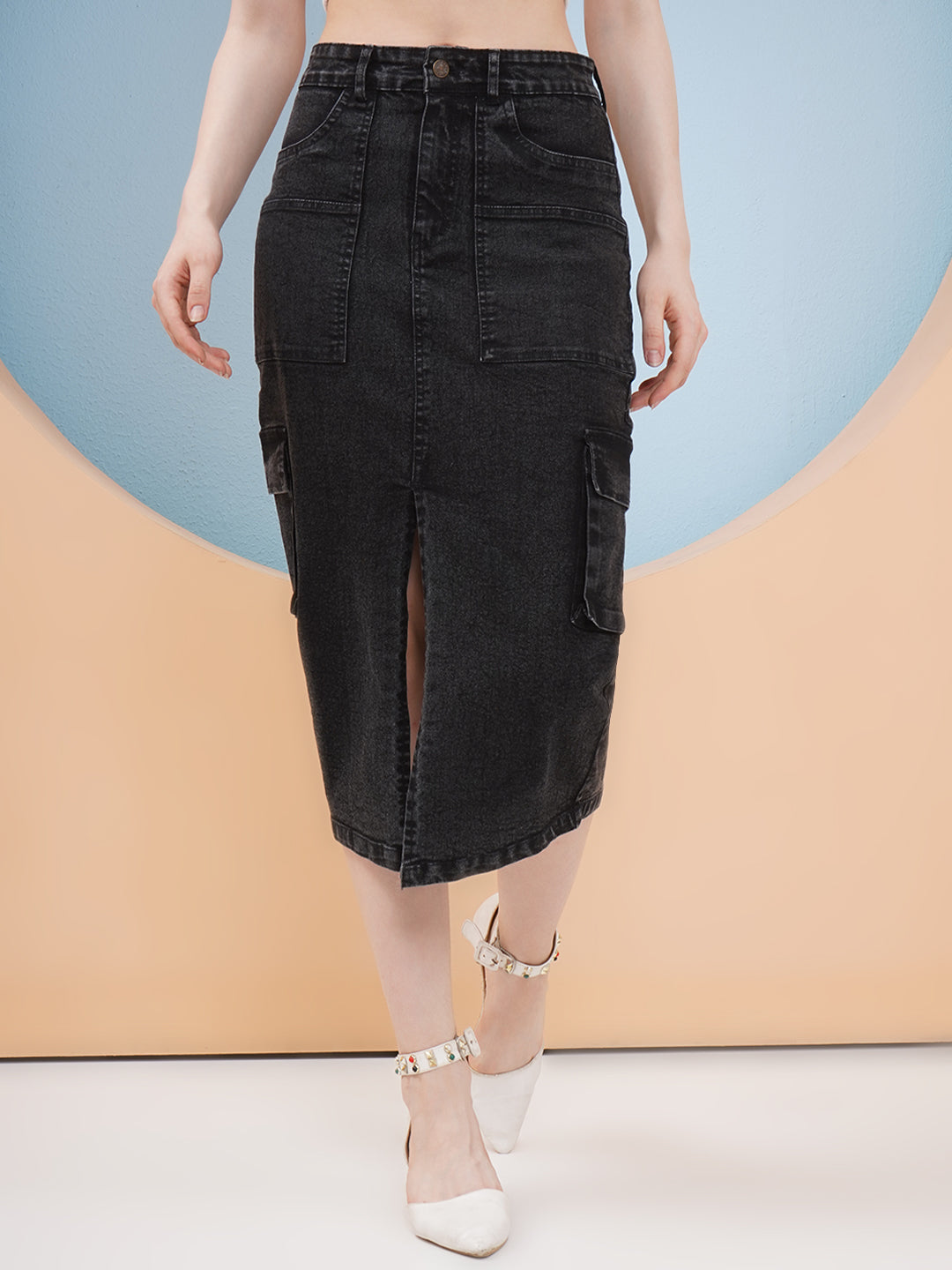 PUELLA Straight Button Clouser Denim Skirt For Women