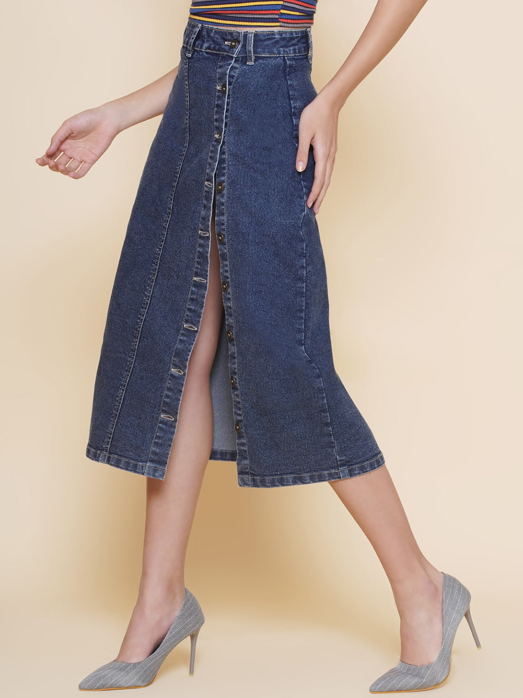 PUELLA Straight Button Clouser Denim Skirt For Women