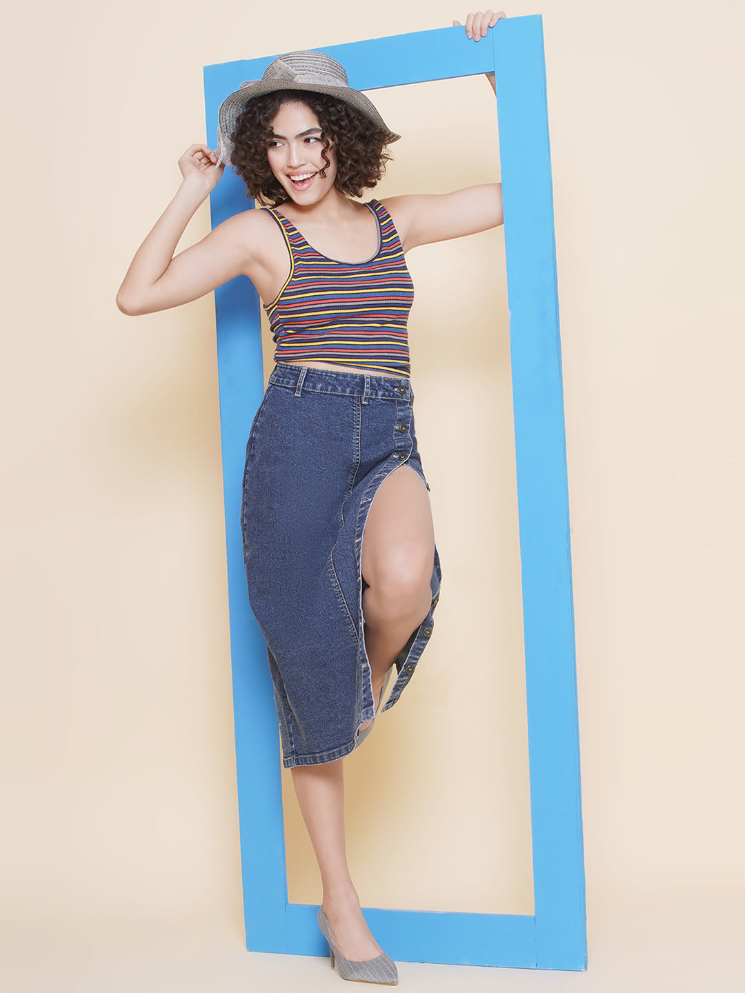 PUELLA Straight Button Clouser Denim Skirt For Women