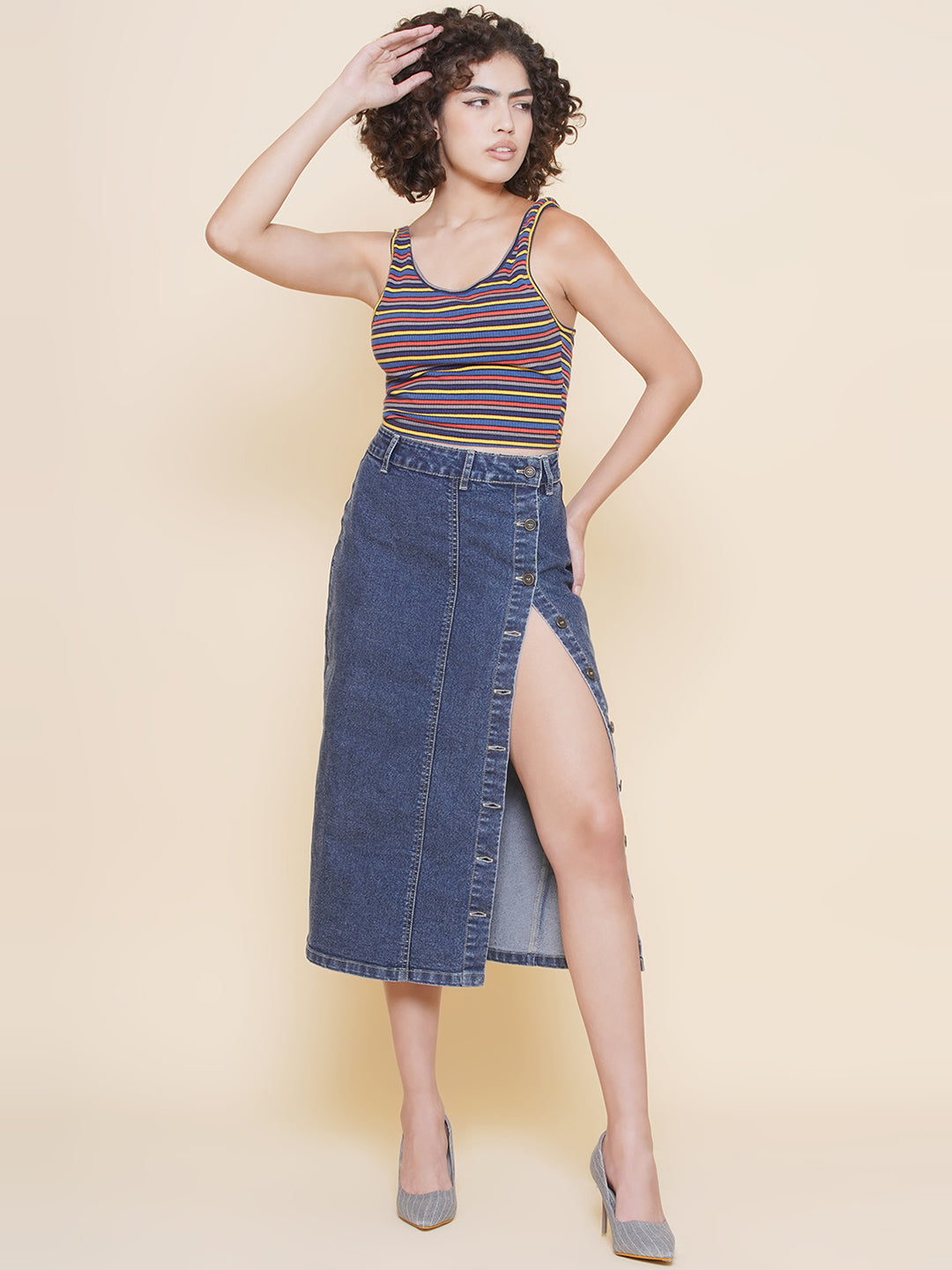 PUELLA Straight Button Clouser Denim Skirt For Women