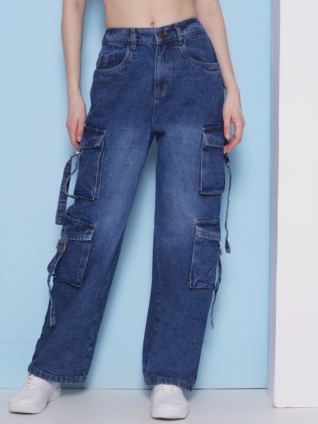 PUELLA Women’s High-Rise Cargo Wide-Leg Jeans with Multi Pockets