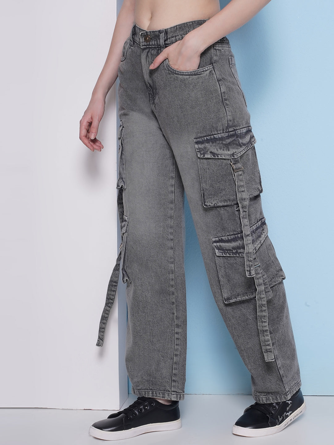 PUELLA Women’s High-Rise Cargo Wide-Leg Jeans with Multi Pockets