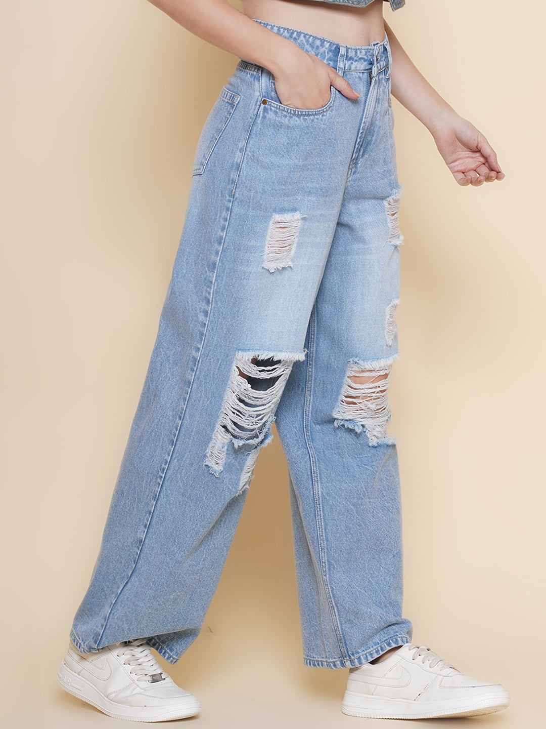 PUELLA Straight Fit, Women’s High-Rise Baggy Ripped Wide-Leg Jeans