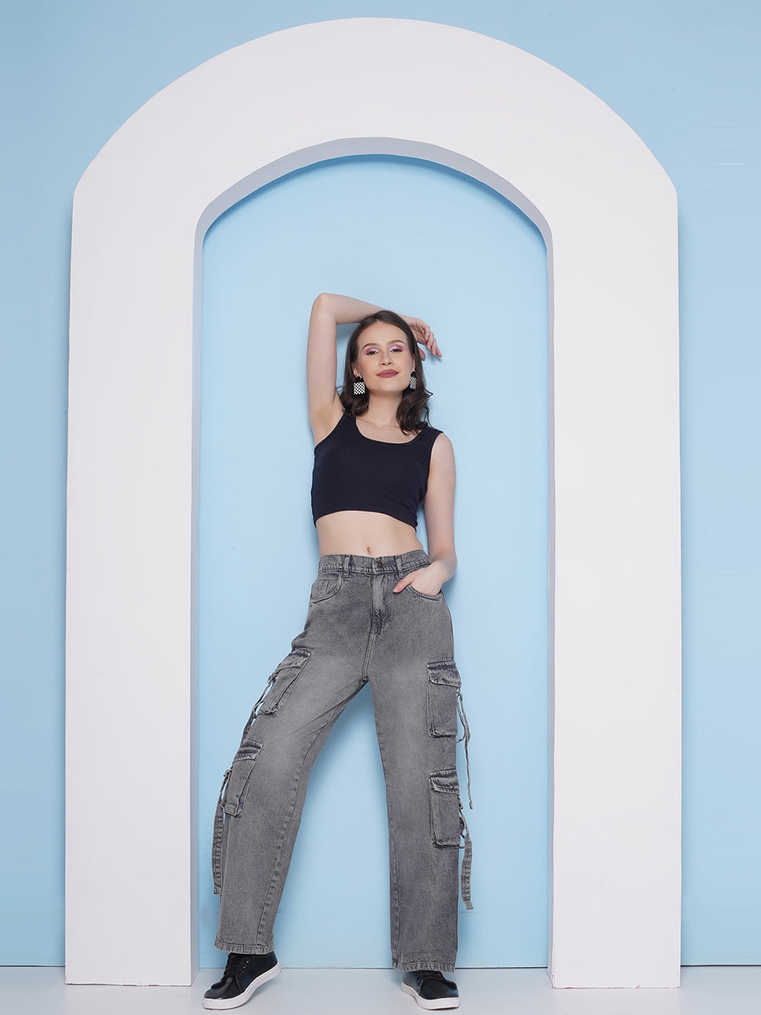 PUELLA Women’s High-Rise Cargo Wide-Leg Jeans with Multi Pockets