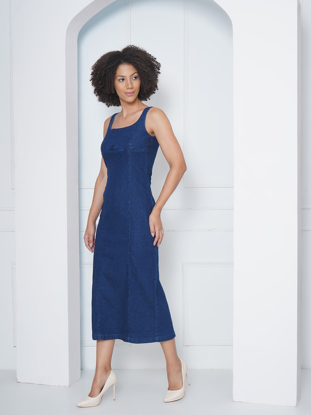 PUELLA Denim Dark Blue A-Line Square Neck Midi Dress For Women