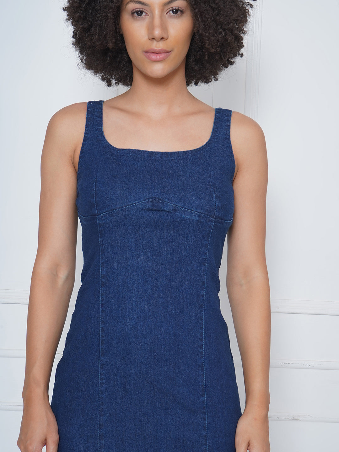 PUELLA Denim Dark Blue A-Line Square Neck Midi Dress For Women