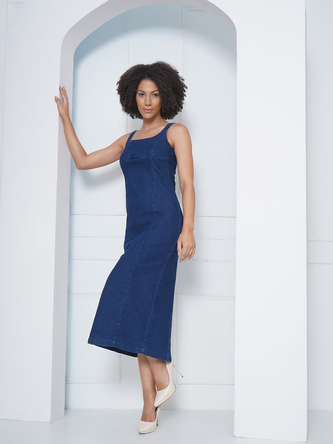 PUELLA Denim Dark Blue A-Line Square Neck Midi Dress For Women