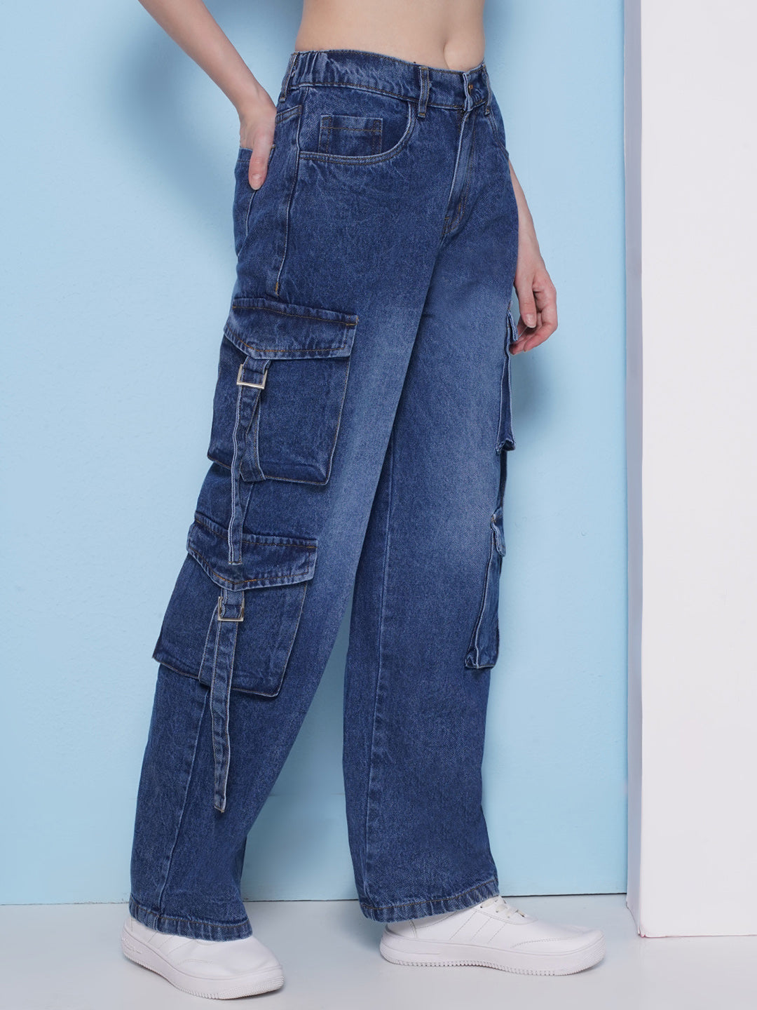 PUELLA Women’s High-Rise Cargo Wide-Leg Jeans with Multi Pockets